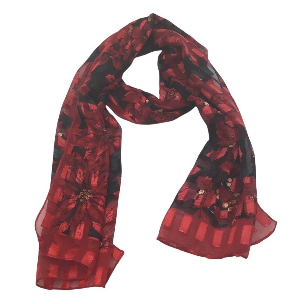 Women's Red Floral Silk Scarf 63"x9" Satin Rectangle